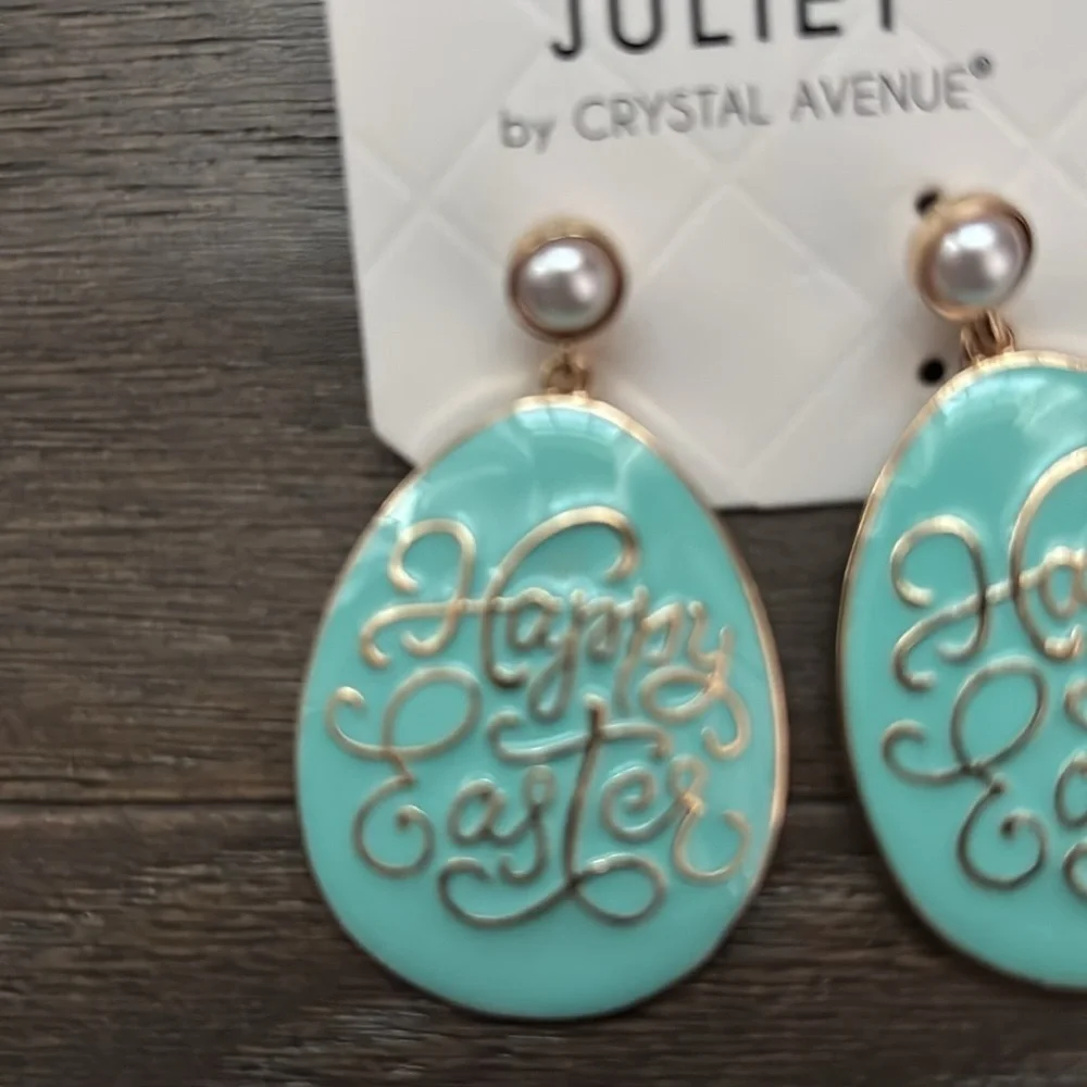 Juliet Easter Egg,Happy Easte,saying imprint drop Earrings,pearl tone stone post